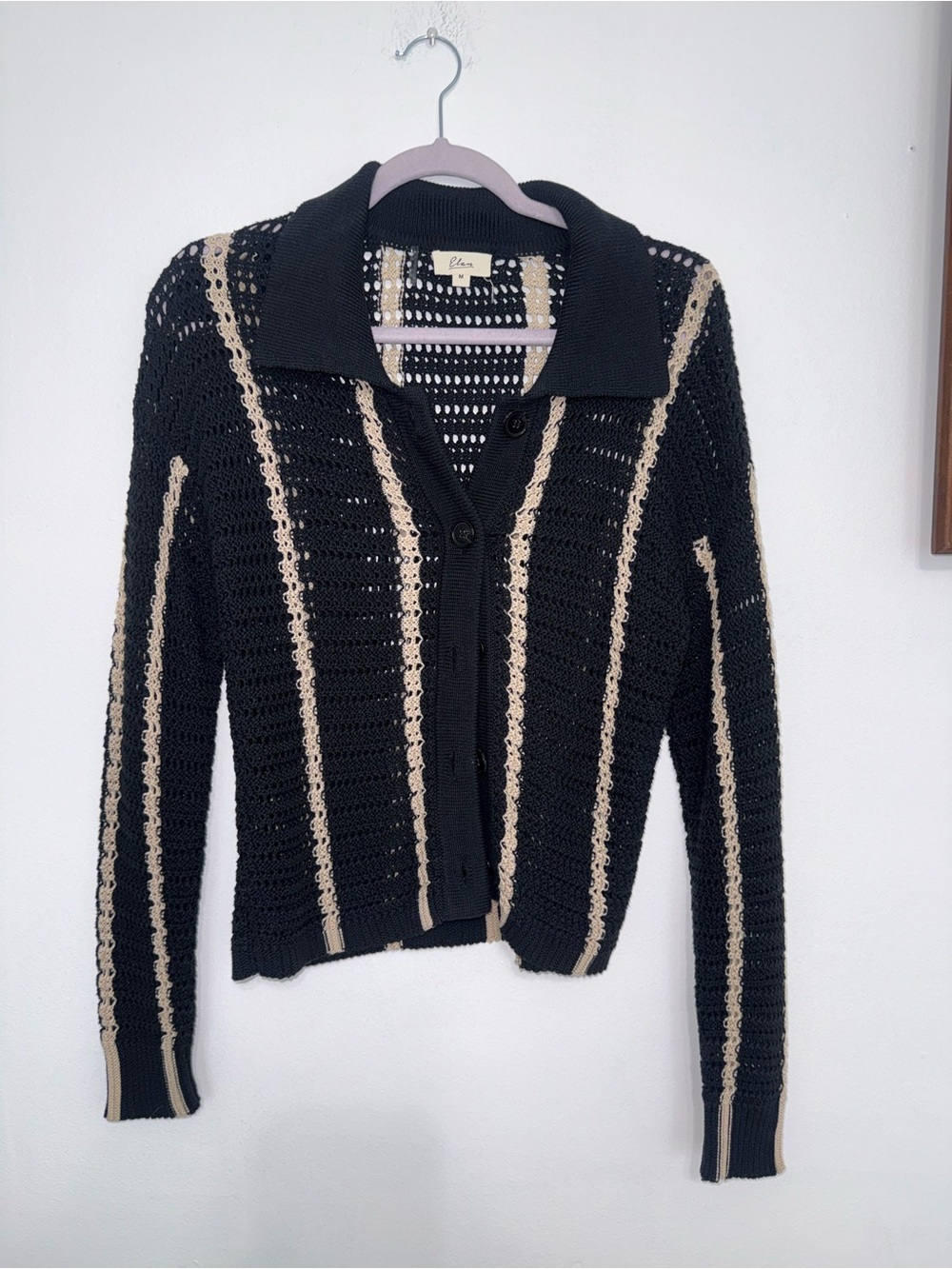 Elan Black and Cream Open-Knit Button Cardigan